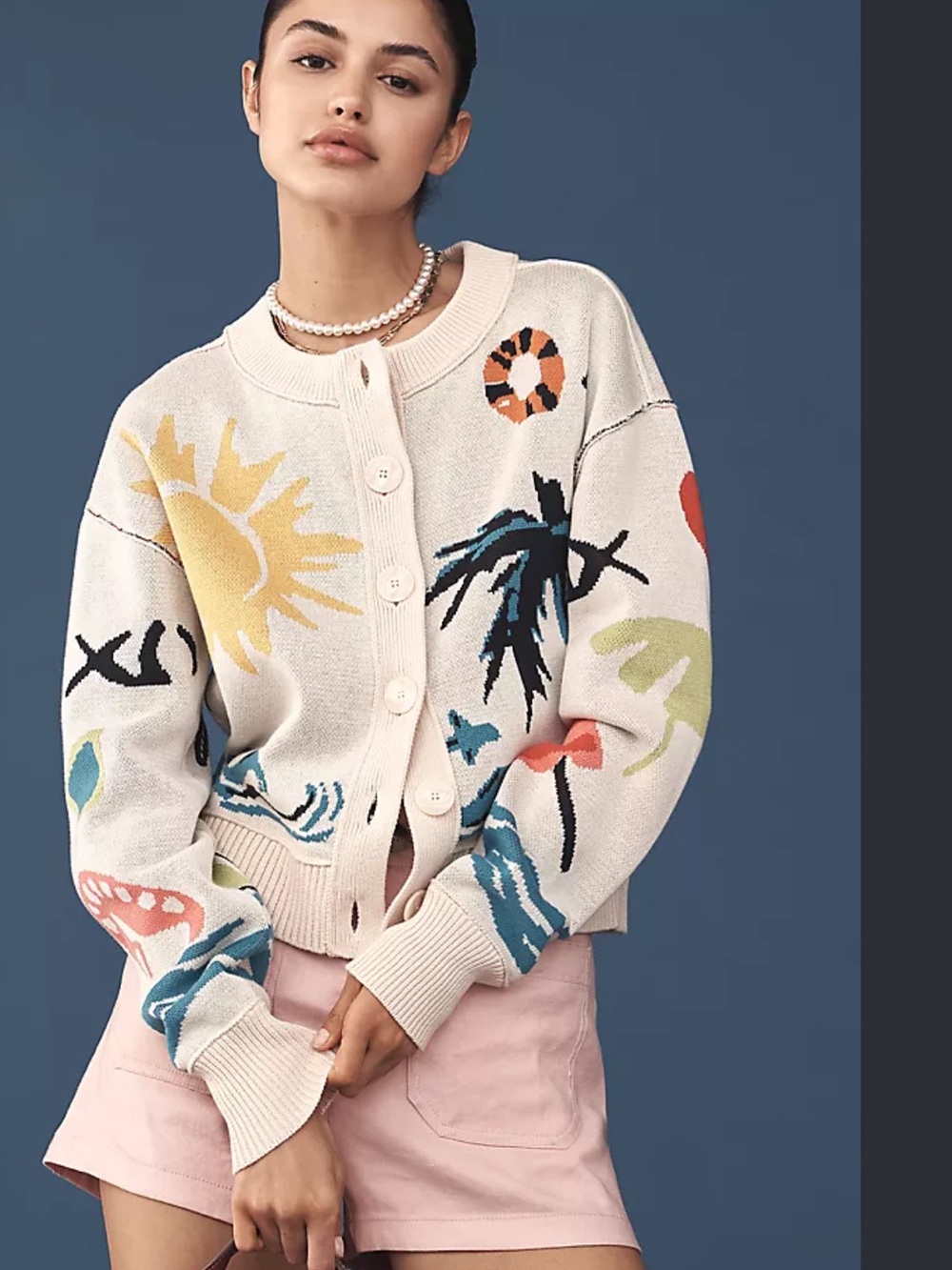 Anthropologie Cream Graphic Button-Front Cardigan with Multicolor Motifs
